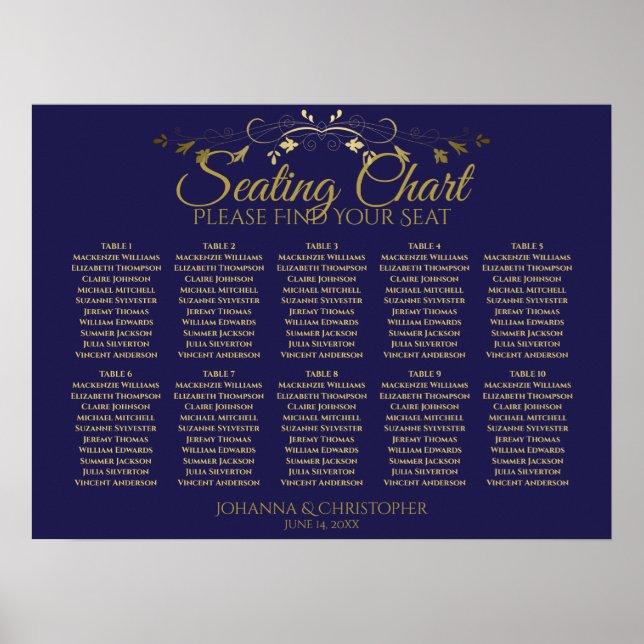 Gold & Navy Einfache 10 Tische Hochzeitskarte Poster (Vorne)