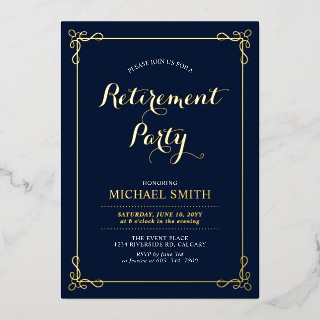 Gold & Navy | Elegant Classy Retirement Party Folieneinladung (Vorderseite)
