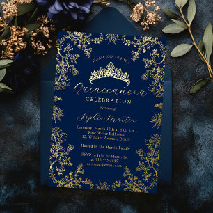 Gold Navy Elegant Vintag Quinceanera Folieneinladung