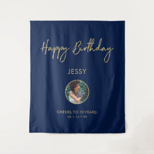 Gold & Navy Happy Birthday Foto-Party-Hintergrund Wandteppich