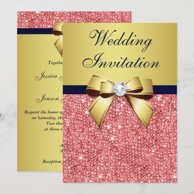 Gold Navy Korallensequenzen Diamonds Bow Wedding Einladung (Vorne/Hinten)