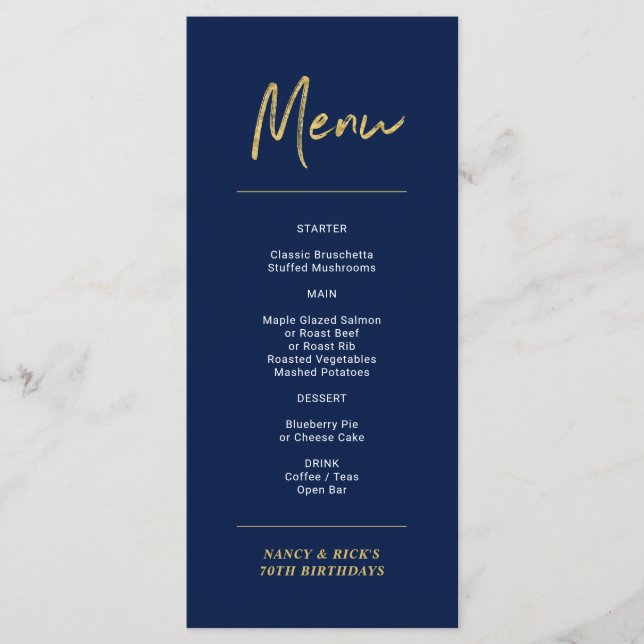 Gold & Navy Modern Letting Menu de fête d'annivers (Devant)