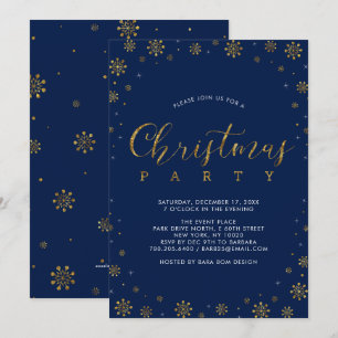 Gold & Navy   Moderne Schneeblumen-Weihnachtsfeier Einladung