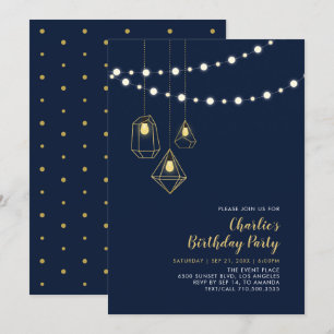 Gold & Navy   Moderne String-Lichter Geburtstagsfe Einladung