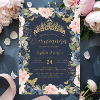 Gold Navy Pink Floral Tiara Butterfly Quinceanera