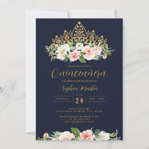 Gold Navy Pink Floral Tiara Quinceanera Einladung