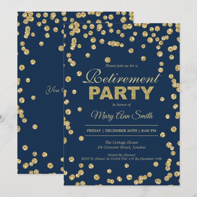 Gold Navy Retirement Party Glitzer Confetti Einladung (Vorne/Hinten)