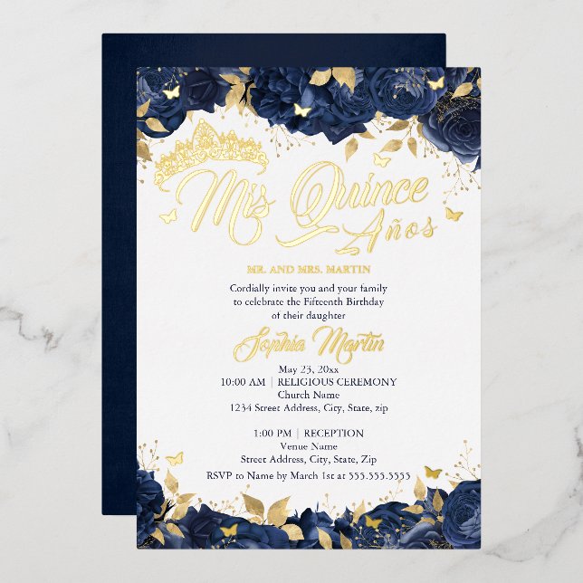 Gold Navy Rosen Mis Quince Quinceanera Folieneinladung (Vorderseite/Rückseite)