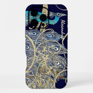 Gold Navy Schwarz Pfau Wirbel iPhone 16 Pro Max Hülle