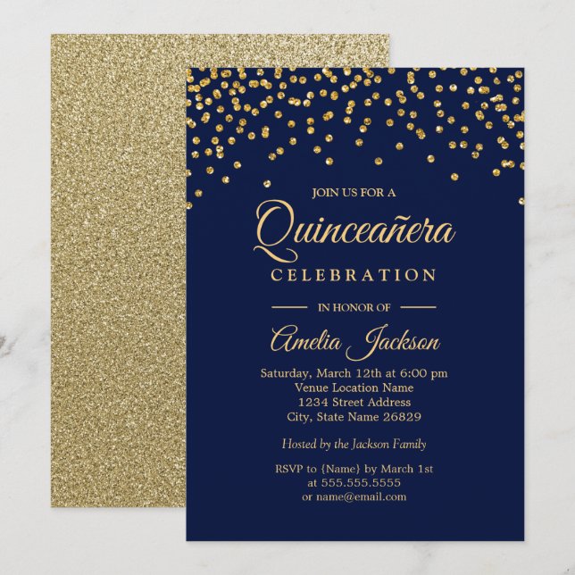 Gold Navy Sparkle Confetti Quinceanera Einladung (Vorne/Hinten)