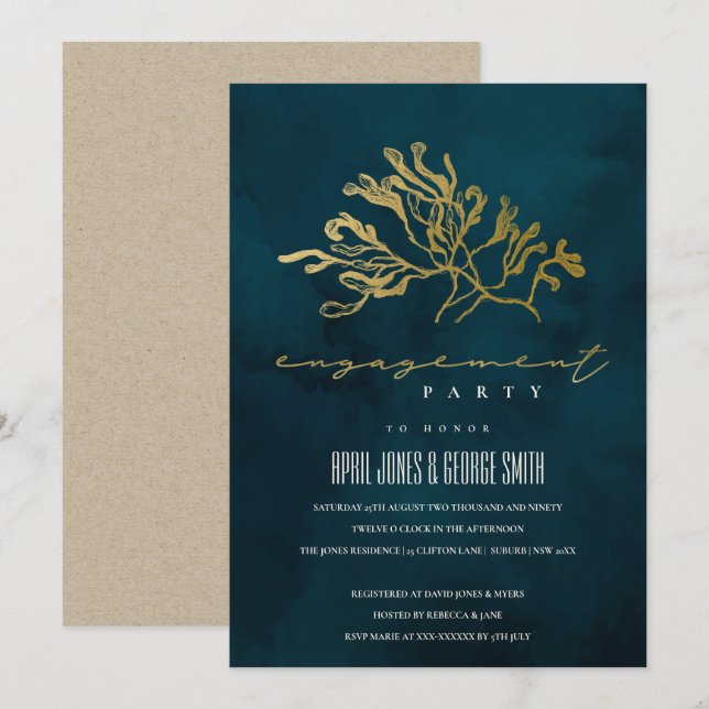 GOLD NAVY UNDERWASSER MEERWEED VERLOBUNG EINLADEN DANKESKARTE (Vorne/Hinten)