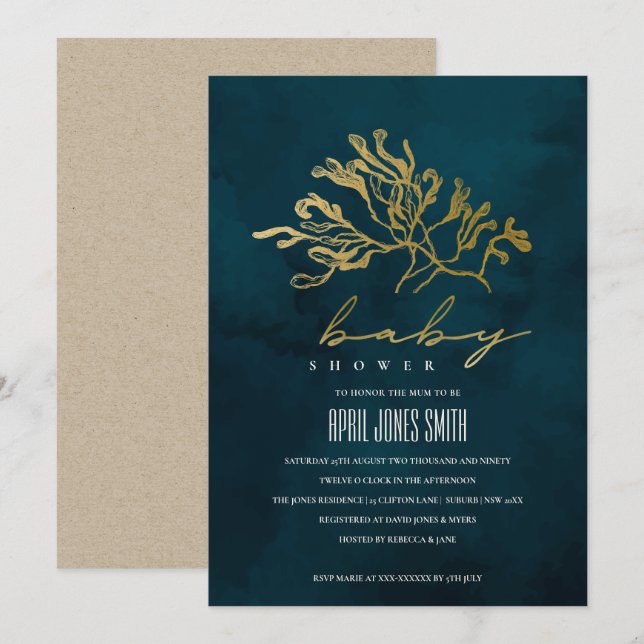 GOLD NAVY UNTERWASSER-SEEWEED-BABY-DUSCHE EINLADEN DANKESKARTE (Vorne/Hinten)