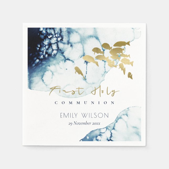 GOLD NAVY UNTERWASSERSEE FISCHEREIHOLY COMMUNION SERVIETTE (Vorderseite)