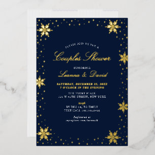 Gold & Navy Winter-Schnee-Paar-Hochzeitsdusche Folieneinladung