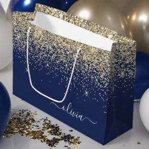 Gold Navyblauer Glitter-Schriftzug-Monogramm Mädch Große Geschenktüte
