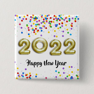 Gold Neujahr 2022 Ballons Farbige Konfetti Button