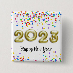 Gold Neujahr 2023 Ballons Farbige Konfetti Button