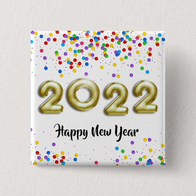 Gold New Year 2022 Balloons farbenfrohe Confetti Button (Vorderseite)