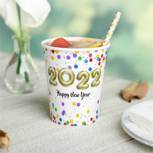 Gold New Year 2022 Balloons farbenfrohe Confetti Pappbecher