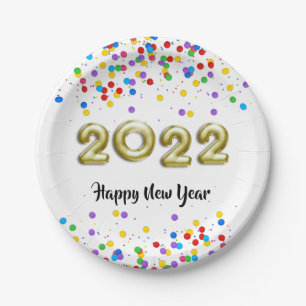 Gold New Year 2022 Balloons farbenfrohe Confetti Pappteller