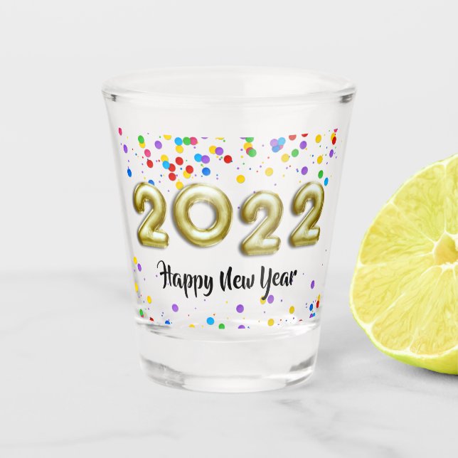 Gold New Year 2022 Balloons farbenfrohe Confetti Schnapsglas (Vorderseite)