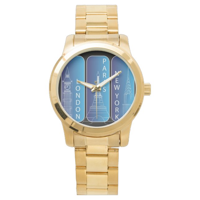 Gold "New York, Paris, London" Ladys Armbanduhr (Vorderseite)