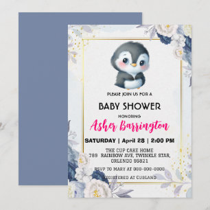 Gold Niedlicher Pinguin Blue Blume Babydusche Kind Einladung