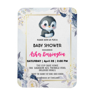 Gold Niedlicher Pinguin Blue Blume Babydusche Kind Magnet