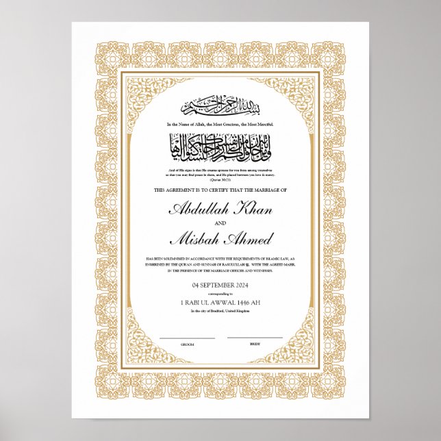 Gold-Nikkah-Zertifikat für islamische Hochzeit Poster (Vorne)