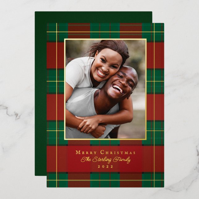 Gold Noël Plaid Foil Carte photo de vacances (Recto/Verso)
