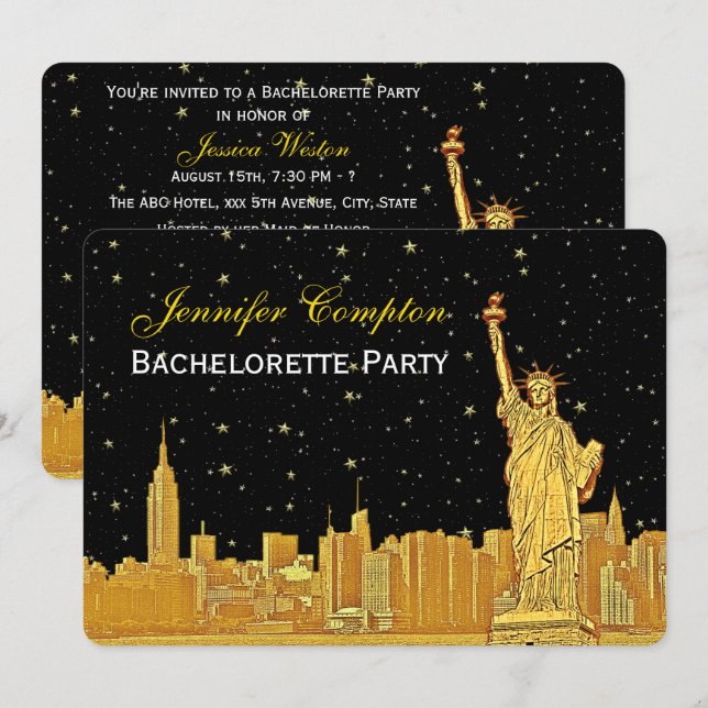 Gold NYC Skyline #2 Black Starry BGH Brautparty Einladung (Vorne/Hinten)