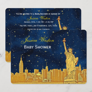 Gold NYC Skyline #2 Blaue Sterne H Baby Shower Einladung