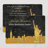 Gold NYC Skyline #2 Etch Blk Starry BG H Birthday