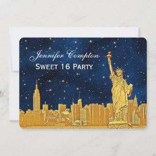 Gold NYC Skyline #2 Etch Blue Starry BG H Sweet 16 Einladung