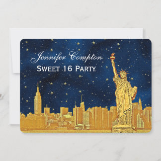 Gold NYC Skyline #2 Etch Blue Starry BG H Sweet 16 Einladung