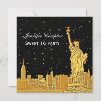 Gold NYC Skyline #2 Etch Starry DIY BG SQ Sweet 16 Einladung