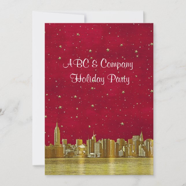 Gold NYC Skyline Christmas Red Starry Einladung (Vorderseite)