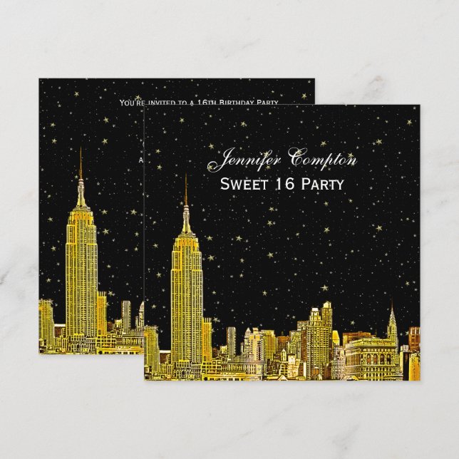 Gold NYC Skyline Etched Starry DIY BG SQ Sweet 16 Einladung (Vorne/Hinten)