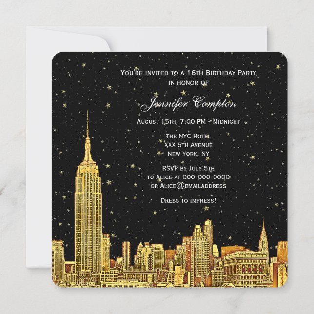 Gold NYC Skyline Etched Starry Sky SQ Sweet 16 Einladung (Rückseite)