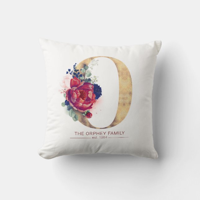 Gold O Monogram Floral Burgund Red and Navy Blue Kissen (Vorderseite)