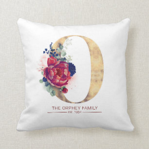 Gold O Monogram Floral Burgund Red and Navy Blue Kissen