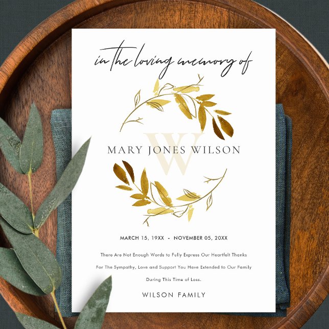 GOLD OCHRE FOLIAGE WREATH BEILEID MEMORIAL DANKESKARTE (Von Creator hochgeladen)