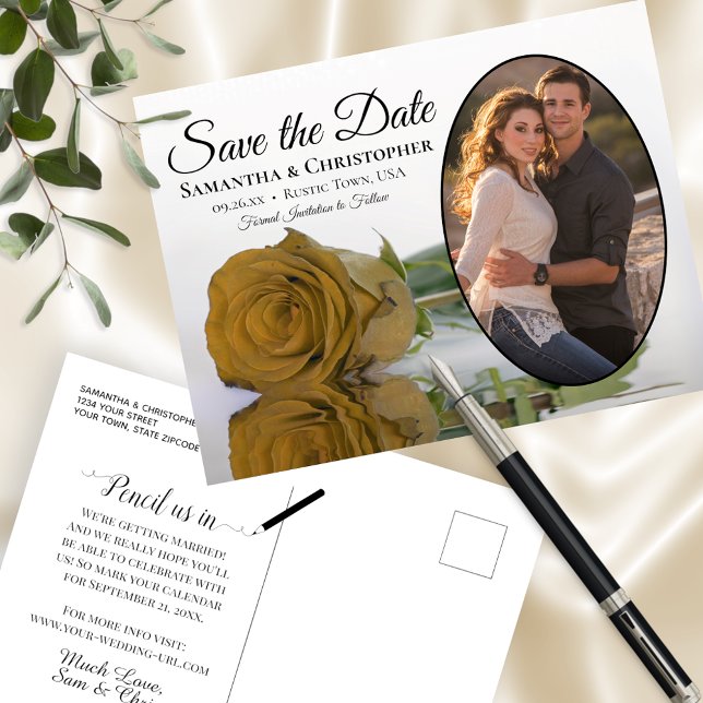 Gold Ochre Rose Oval Photo Wedding Save The Date Ankündigungspostkarte (Von Creator hochgeladen)