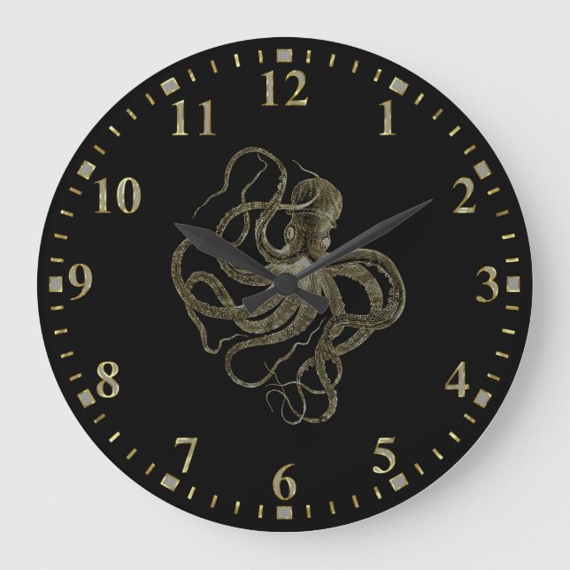Gold Octopus on Black Große Wanduhr (Vorderseite)