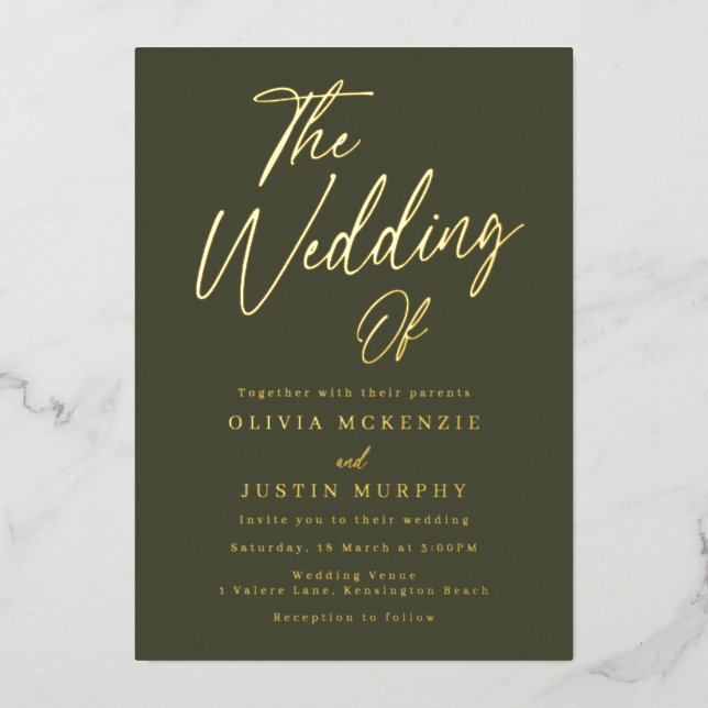 Gold & Olive Modern Wedding Golden Folieneinladung (Vorderseite)