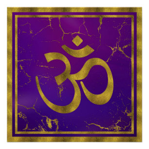 Gold OM Symbol - Om, Omkara auf Lila/Indigoklo Poster