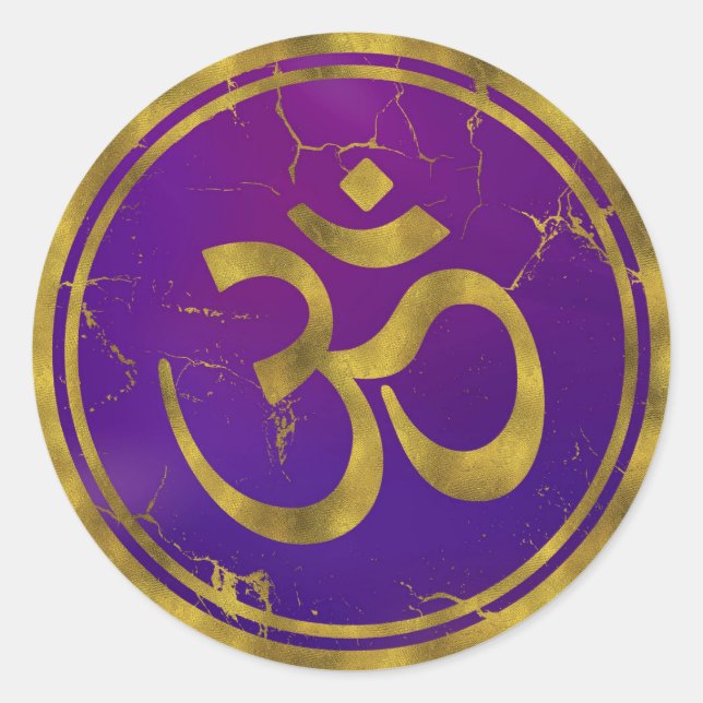 Gold OM Symbol - Om, Omkara auf Lila/Indigoklo Runder Aufkleber (Vorderseite)