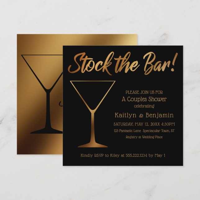 Gold Ombre & Black Couples Bar Dusche Einladung (Vorne/Hinten)