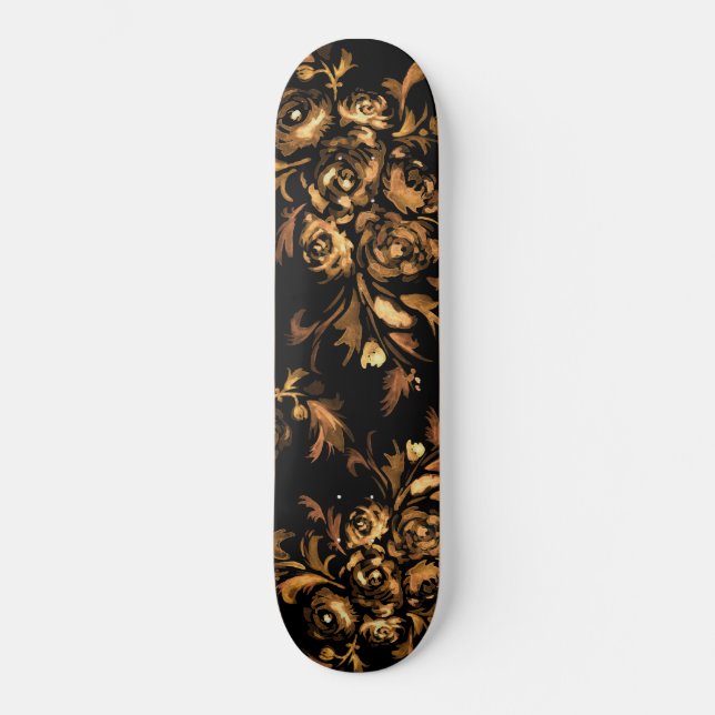 Gold on Black Roses Floral Pattern Skateboard (Vorderseite)