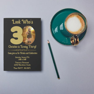 Gold on Black with photo 30th Birthday  Invitation Einladung